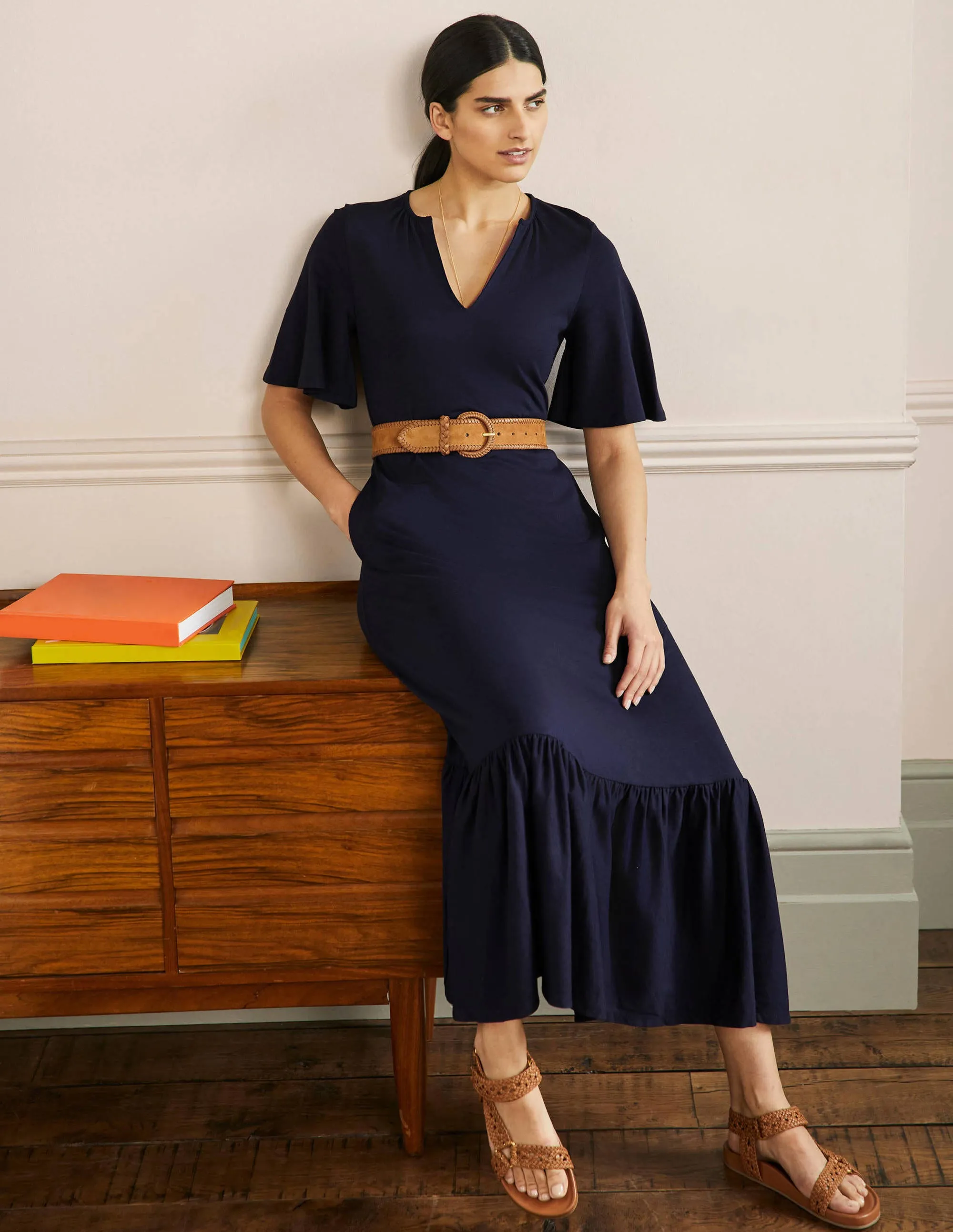 Notch Neck Jersey Maxi Dress-Navy