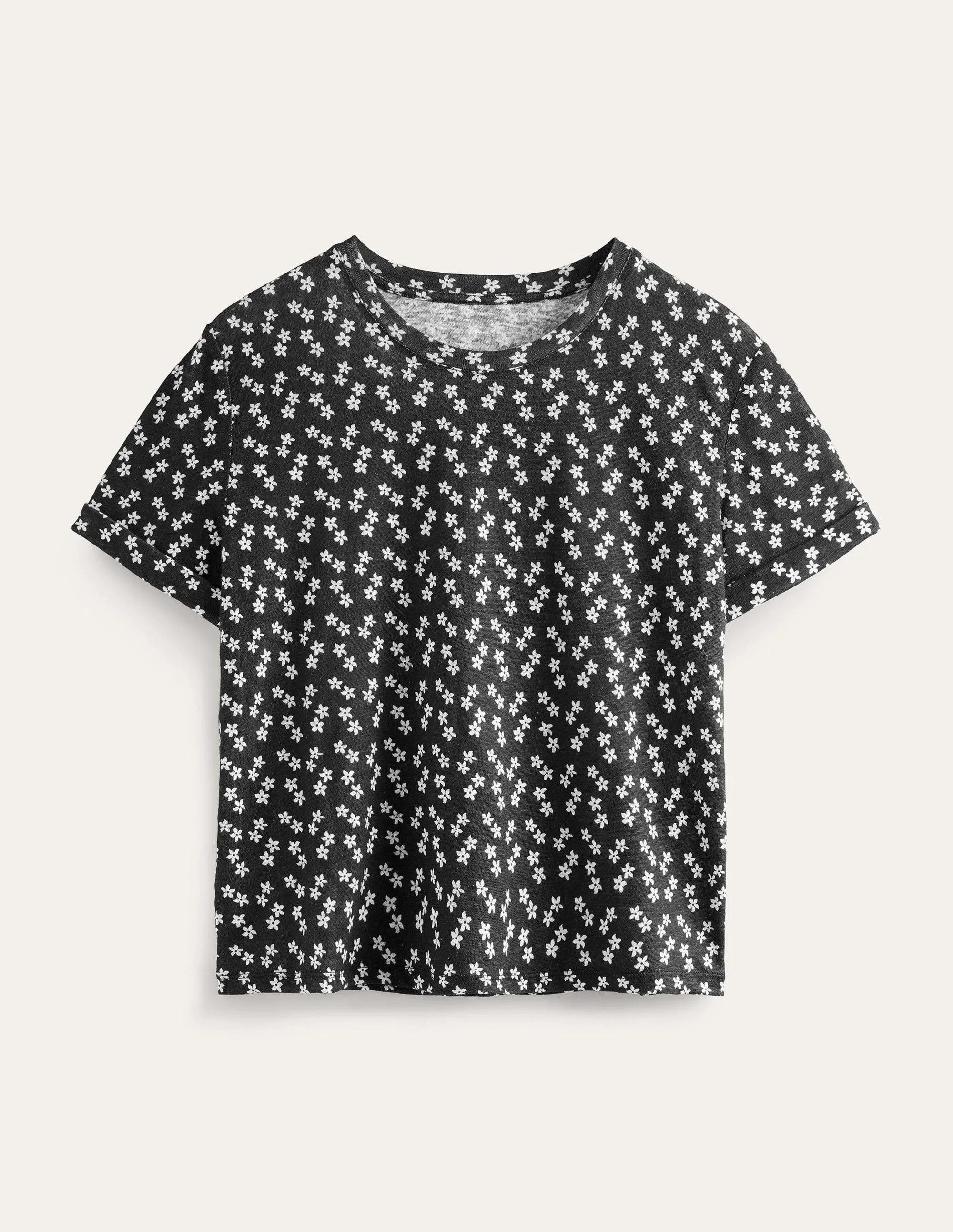 Printed Linen T-shirt-Black, Spaced Ditsy