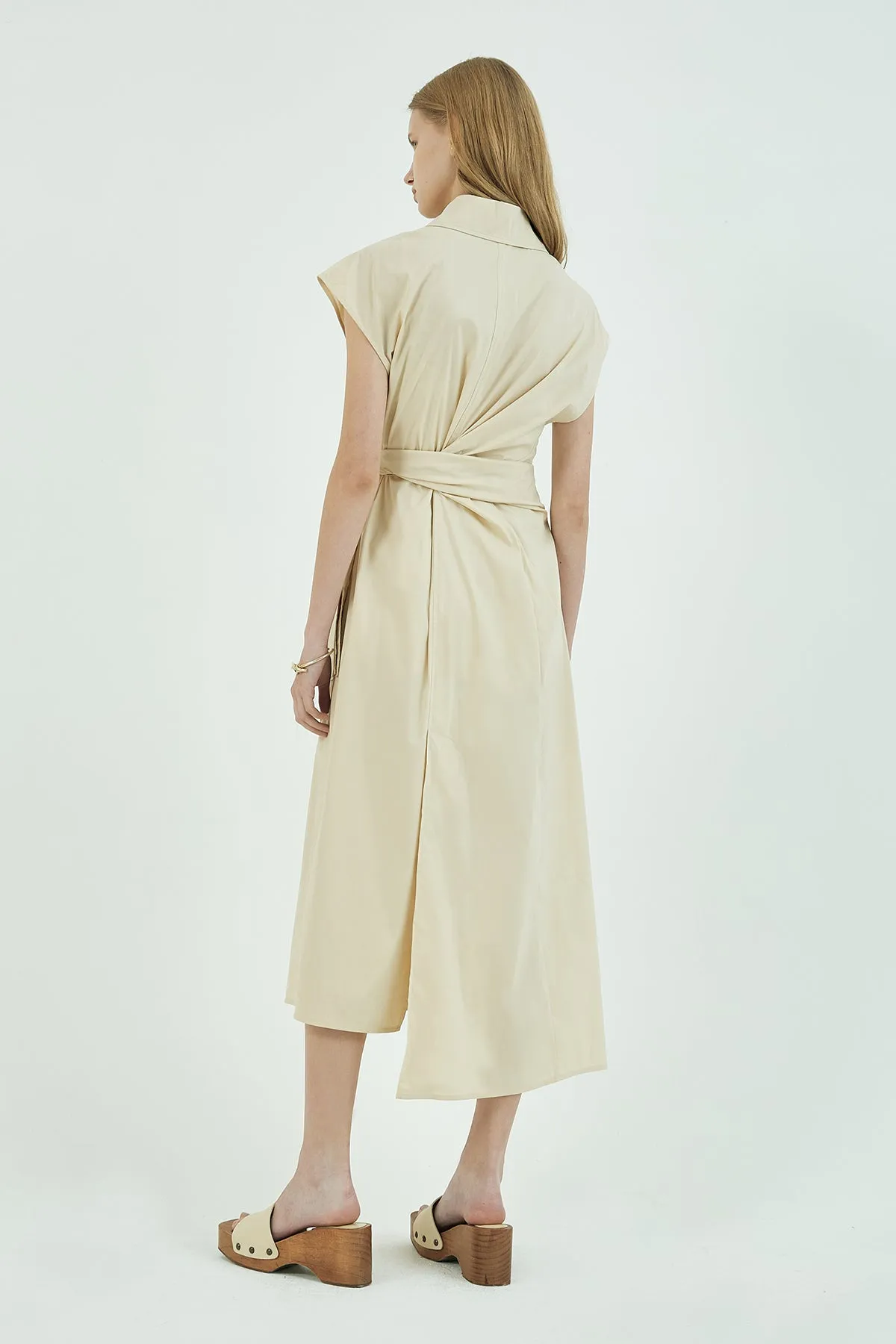 Self-tie belted french-sleeve shirt dress